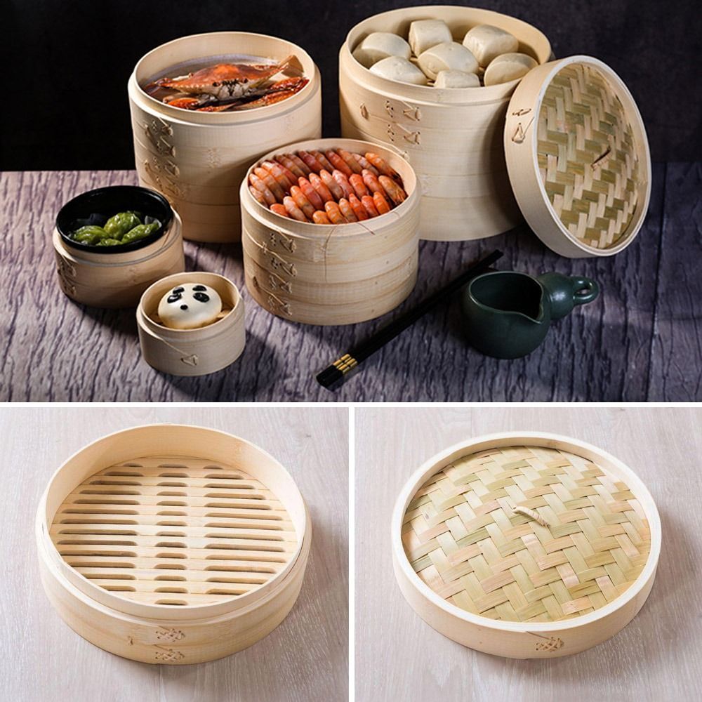 Bao Steamer Bamboo - Çin Bambu Buharlı Pişirici, Kapaklı, Bao